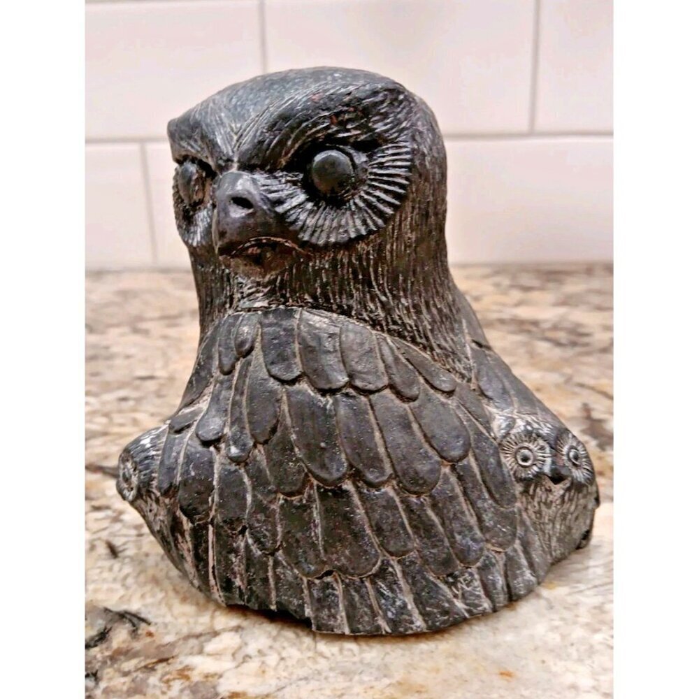 The Wolf Sculptures Carved Owl & Babies Canada 4.5" Tall X 3.5” Wide